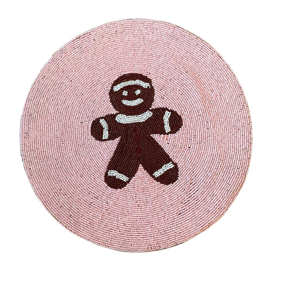Christmas Pink GINGERBREAD MAN Beaded Placemat Charger 15in Round Pinkmas New
